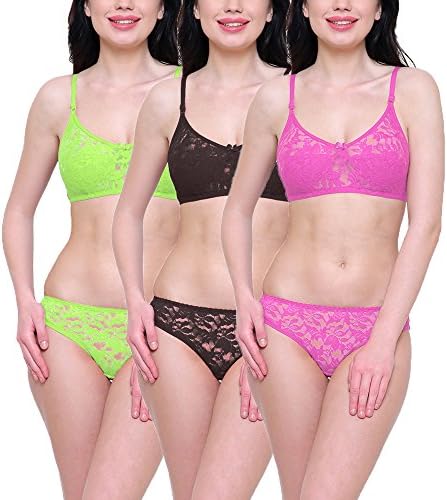 Baremoda Women's Lingerie Full Net Bra Panty Set (Pack of 3)