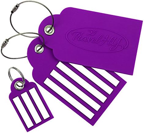 2 Large + 1 Small Travel Luggage Tags, Easy To Write, Extra Wide Lines, Tough PVC, Steel Loops, (Purple) By TravelHY