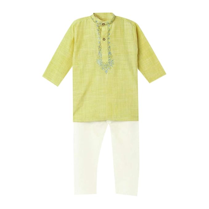 Bownbee By Hopscotch Boys Cotton Blend Embroidered Kurta Pajama Set In Green Color