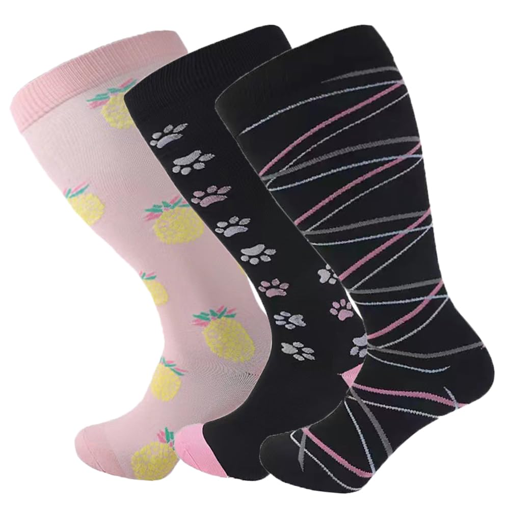 3 Pack Plus Size Compression Socks for Women and Men, 20-30mmhg Extra Large Wide Calf Knee High Stockings for Circulation Support (6XL, YS001-65+2+23)