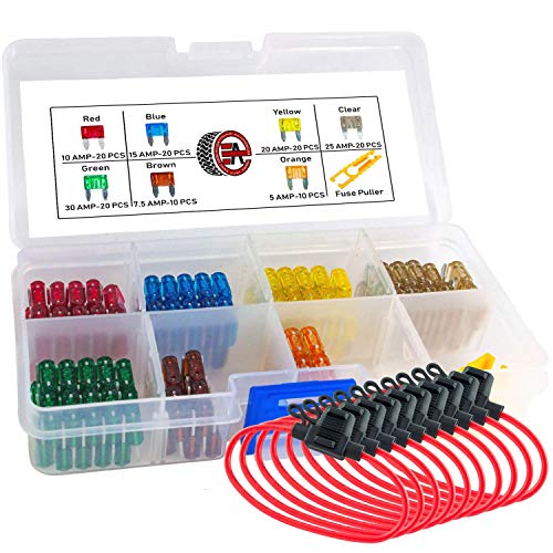 Mini Fuse Kit 12v Inline Automotive Fuse Holders 14AWG - Plus 120 Assorted ATM/APM Fuses - Includes Fuse Puller Tool. 5, 7.5, 10, 15, 20, 25 and 30 Amp Fuses.