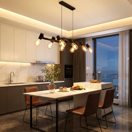 VivaLet Dining Table Pendant Ceiling Lamp with 8 Bulbs, E27 Base, Black, Swivel Head, Height Adjustable Industrial Pendant Lamp for Dining Room, Kitchen, Bar, Restaurant