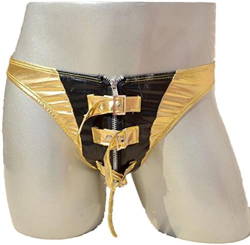 Myhope Men's Faux Leather G-String JockStrap Wetlook Positive Zipper Briefs Thongs Underwear Gold