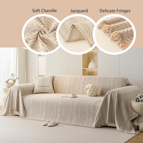 SLEEPHEAD® Chenille Sofa Cover - Cat-Proof & Anti-Scratch Couch Protector Slipcover with Tassels | Universal Fit for 2-3 Cushion Couch Washable Leakproof Furniture Protector （180 * 300cm）