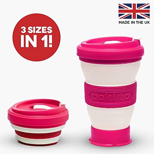 A Reusable Folding Travel Mug Design by Pokito - Leak Proof with 3 Adjustable Sizes to Suit Your Needs (Dark Pink)