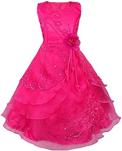 YUJUAN Princess Skirt Puff Wedding Flower Girls' Clothing European Root Rarn Embroidery Child Formal Dress Rose Red 130/8T