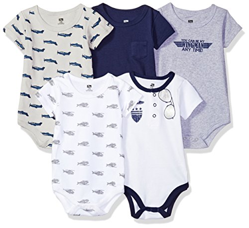 Hudson Baby Unisex Baby Cotton Bodysuits, Aviator 5-Pack, 0-3 Months (3M)
