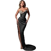 Memphty Strapless Beaded Mermaid Prom Dresses for Women 2025 Long Satin Formal Evening Party Gowns with Slit