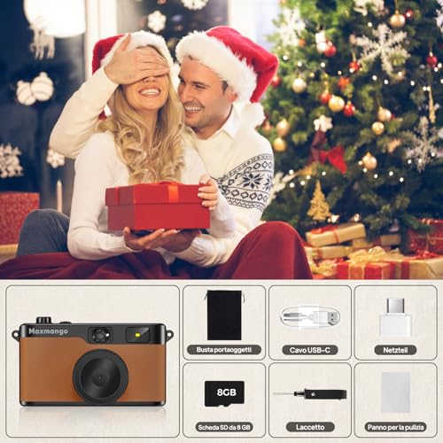 Maxmango D53 Compact Digital Camera Without Screen, Vintage Retro Camera 12 MP Capture Real Moments, Downloadable DIY Filters, USB-C, 8 GB SD Card Included, Up to 4000 Photos (Brown)