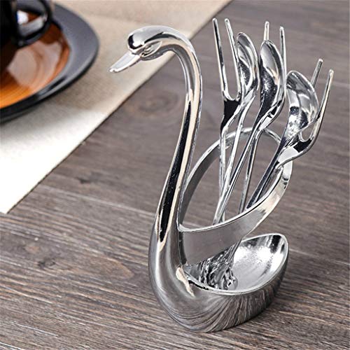 MIS1950s Stainless Steel Dinnerware Set & Fruit Fork Set & Dessert Flatware Set, Decorative Swan Base Holder with 3 Forks and 3 Spoons for Dining Room (Silver) - Thumbnail 2