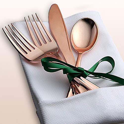 ENUOSUMA Rose Gold Dinnerware Set for 25 Guests [202pcs] Rose Gold Plastic Plates for Party | Disposable Wedding Gold Rim Tableware: Dinner and Dessert Plates, Napkins, Cutlery, Cups, Table Runner - Thumbnail 4