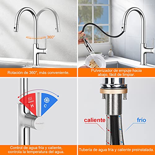 Grifos Cocina Fregadero, Grifo Cocina Extraible, Giratorio de 360 °, Caño Rociador Abatible de Acero Inoxidable 304, Grifo de Cocina con Ducha de 2 Modos de Rociado, Fría y Caliente Disponible