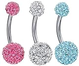 BodyJ4You 3 Pieces Belly Ring Crystal Ball Clear, Pink and Aquamarine Belly Piercing