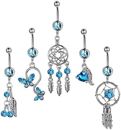 display08 5Pcs Women Dream Catcher Zircon Hollow Bar Body Piercing Jewelry Belly Rings Set
