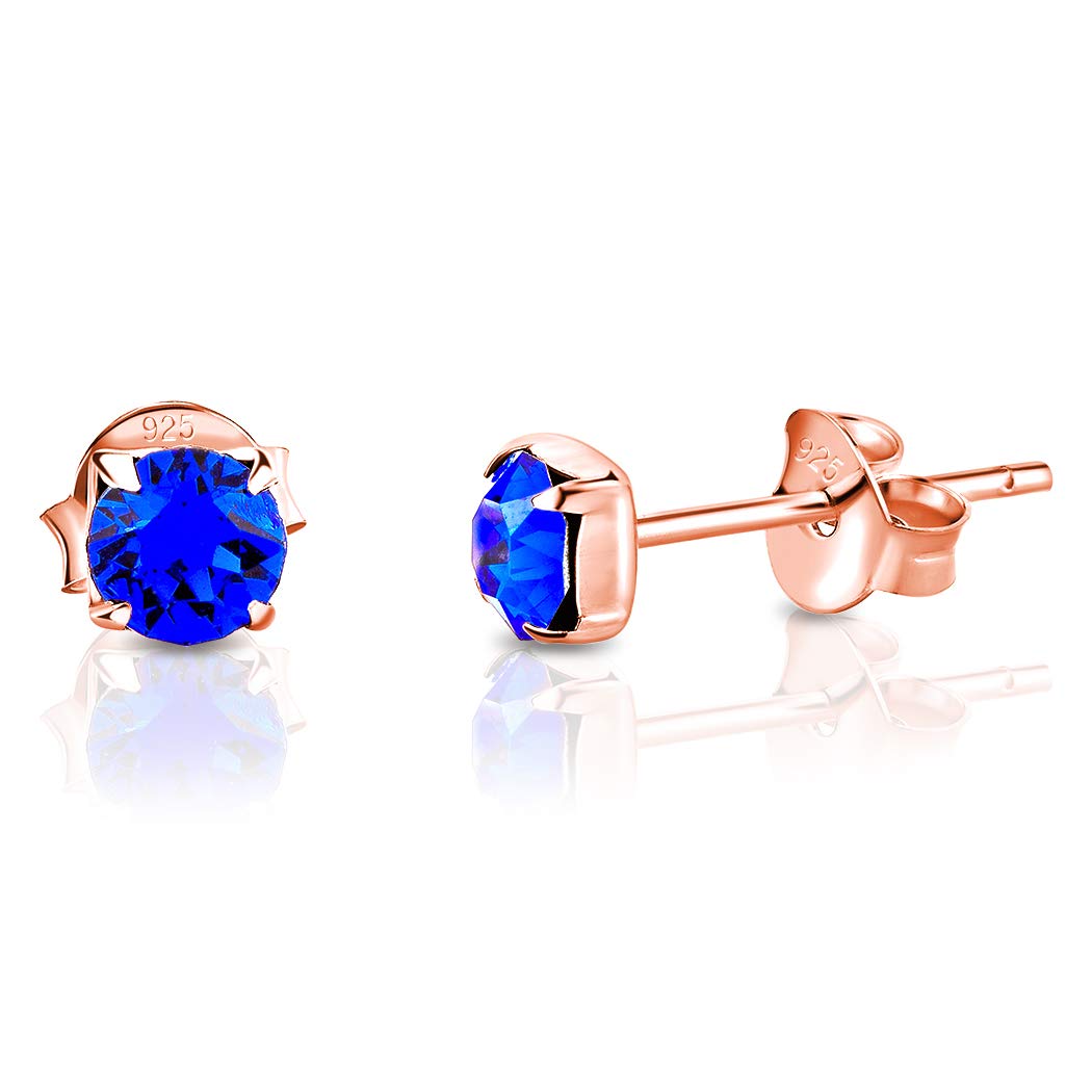DTPsilver® 925 Sterling Silver Rose Gold Plated SMALL Square Stud Earrings made with Round Glittering Crystals from Swarovski® Elements - Diameter: 4 mm - Colour : Majectic Blue