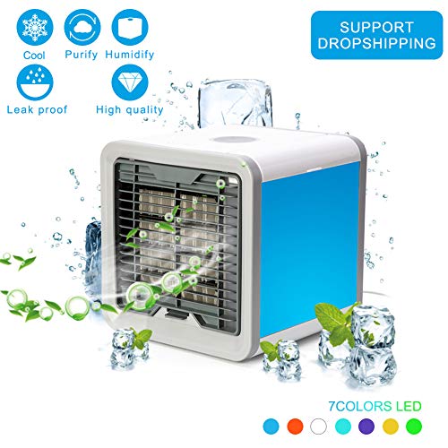 AINGOL Mini Air Cooler, 3 in 1 USB Personal Space Portable Air Conditioner, Humidifier, Purifier and 7 Colors Nightstand, Desktop Cooling Fan for Office Home Outdoor Travel