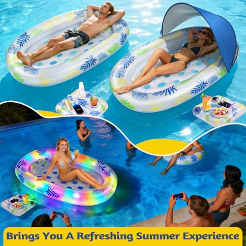 JONRRYIN Materassino Gonfiabile Piscina 180×110cm, Lettino Abbronzante per Adulti con Tettuccio Parasole Rimovibile ed Effetti Luminosi per Piscina, Spiaggia e Lago