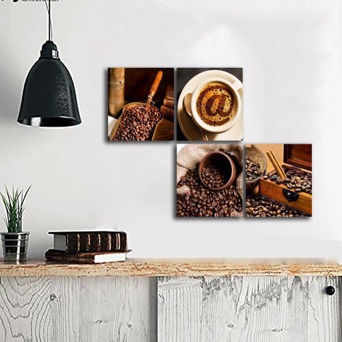 Gardenia Art - Coffee and Coffee Bean Canvas Prints Wall Art Paintings Pictures Artwork Stretched and Framed for Home and Office Decoration, 12x12 inch per piece, 4 Panels per Set