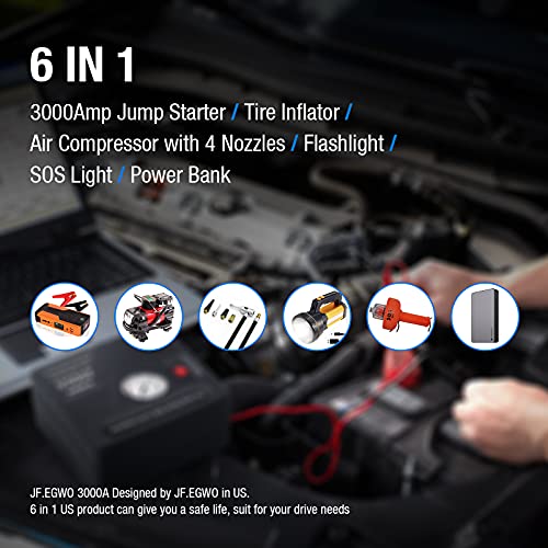 JF.EGWO 3000Amp Car Jump Starter with Air Compressor, 150PSI Tire