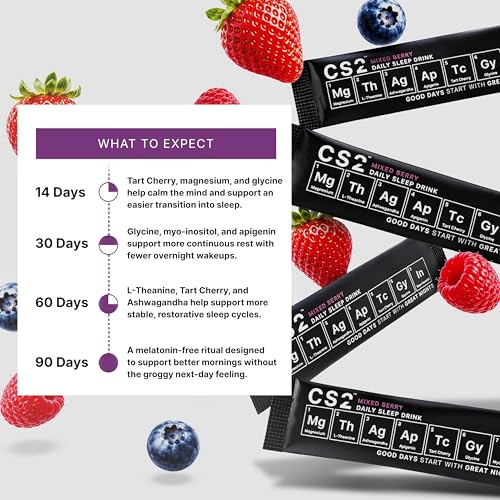 CS2 Sleep Support Drink Mix - Melatonin Free Sleep Support Drink with Magnesium Glycinate, L-Theanine, Ashwagandha, Apigenin, Tart Cherry - Non-Habit Forming, Sugar-Free - Mixed Berry, 30 Servings