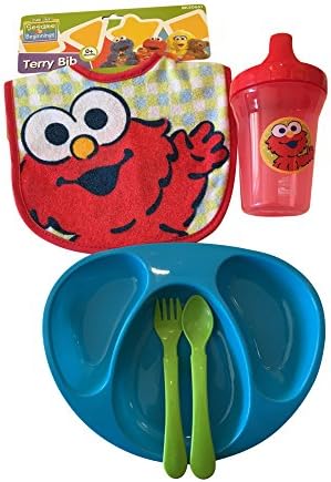 Cute Elmo Baby Bib, Sippy Cup, Divided Plate, Spoon Gift Bundle