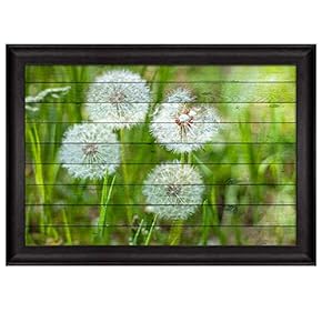 Dandelions on a Field Over Wood Panels Nature Framed Art
