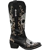 Fomoti Women’s Embroidered Skull Cowboy Boots – Western Style, Slip-On Mid-Calf Boots, Chunky Heel, Pointed Toe, Vintage Rodeo Cowgirl Boots