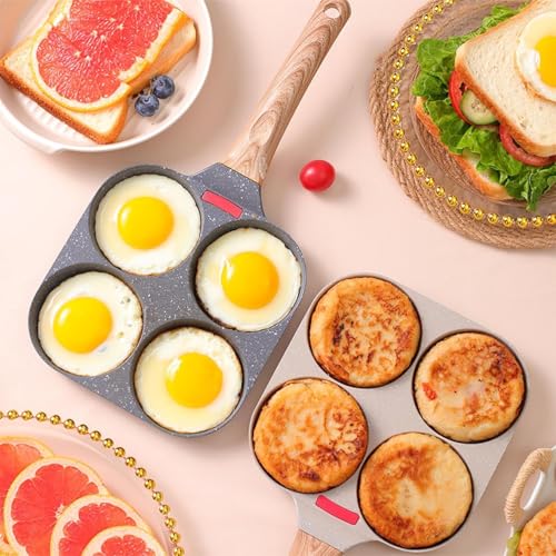 SKY-TOUCH 4 Cup Egg Pan, Non-Stick Frukost Pan, 4 Hole Round Fry Pan, Common for IBreakfast, Sandwich, Hamburger, Pancake, Granite Skillet Omelette Pan, 19x35cm, Black