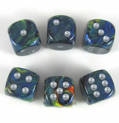 Green Festive With Silver Pips 16mm D6 Dice Set of 6 Wondertrail WCX27645E6