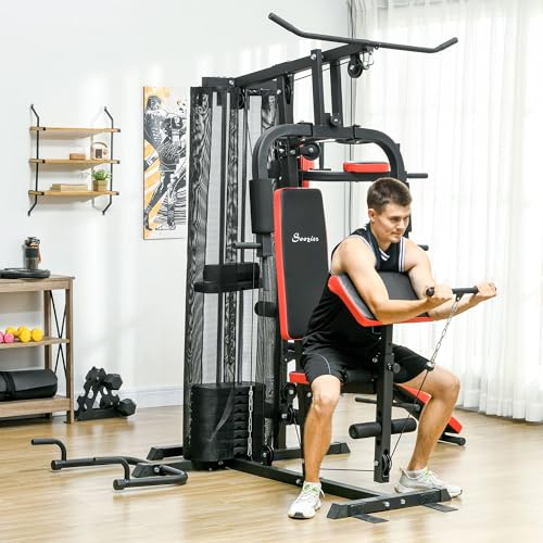 Soozier All-in-One Home Gym System, Multi Gym Workout Station with Weight Stack, LAT Pull Down, Sit up Bench, Push up Stand, Adjustable, for Full Body Training