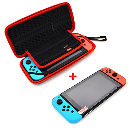 Nintendo Switch Games Slim Case,Carbon Fiber Style Travel Case and Tempered Glass Screen Protector Nintendo Switch Accessories