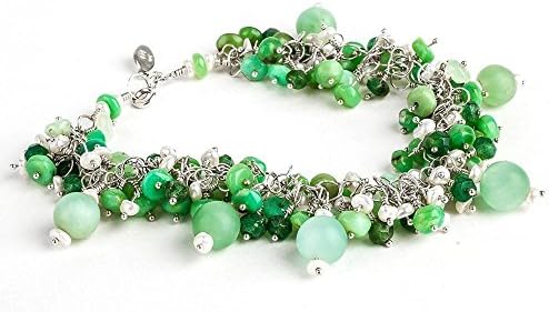 Chunky Wire Wrapped Lime Green Bracelet with Keshi Pearls, Chrysophase, and Aventurine in Sterling Silver