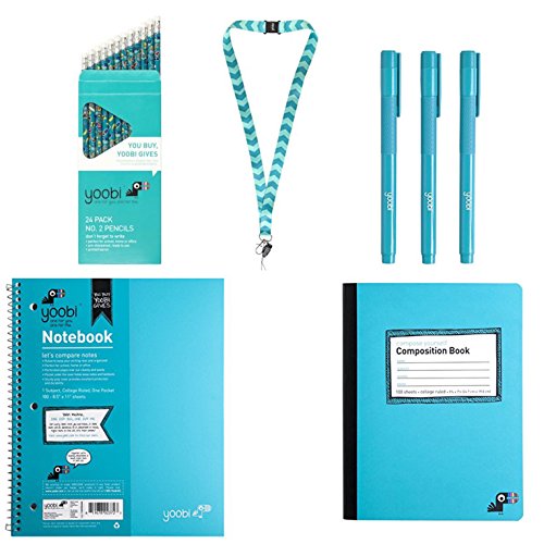 Yoobi AQUA BUNDLE of 5 ! No. 2 Pencils Round, 24 Pack,Lanyard,Gel Pens, 3 Pack, Composition Book, College Ruled - Aqua Composition Book, College Ruled, 1 Subject Spiral Notebook, College Ruled