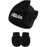 Personalized Baby Hat Custom Embroidered Newborn Hat Cotton Infant Baby Bowknot Beanie Gloves for Girls 0-3 Months