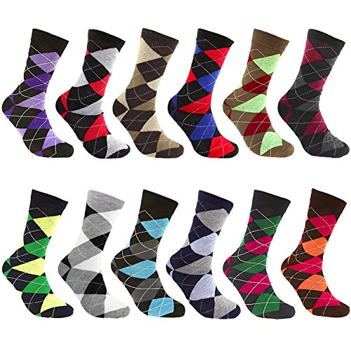 Falari Men Cotton Dress Socks (12-Pack Assorted Argyle) 904-A12