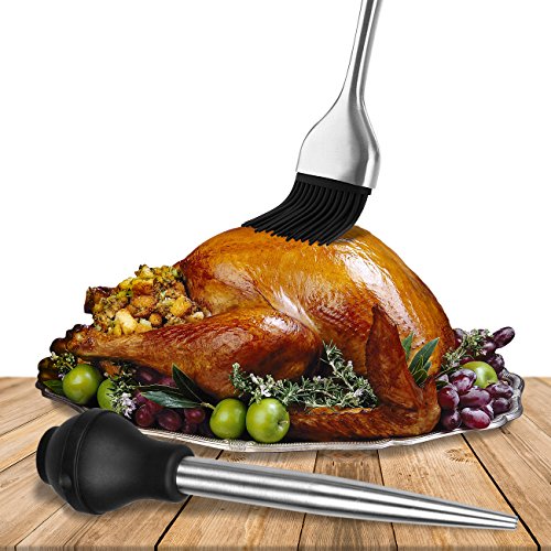 Home Servz 18/8 Stainless Steel Turkey Baster Syringe - Injector Needle with Cleaning Brush - Food Grade Silicone Bulb & Heavy Duty 12 Inch Stainless Steel Handle Silicone BBQ Basting Brush - Thumbnail 2