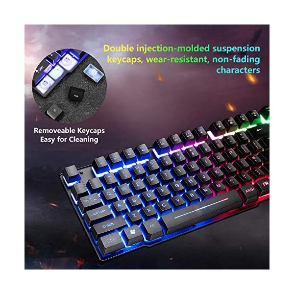 UK-Layout-Keyboard-and-Mouse-Set-104-Keys-Rainbow-Backlit-QWERTY-Keyboard-2400-DPI-4-Buttons-Breathing-Mice-MousePad-USB-Wired-Compatible-with-PC-Windows-Mac-PS4-XBox-Black Gaming Keyboard and Mouse Set, 104 Keys UK Layout QWERTY Rainbow Backlit Keyboard, 2400 DPI 4 Buttons Colorful Mice…