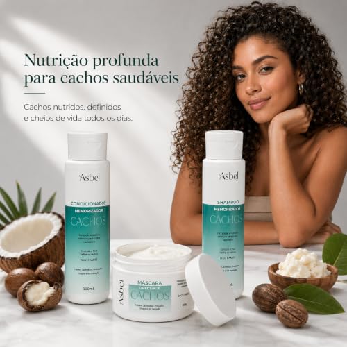 Asbel Kit Cachos Professional Shampoo, Condicionador e Máscara 300ml | Definição Prolongada, Hidratação Intensa com Aloe Vera e Óleo de Abacate, Ativador de Cachos, Antifrizz