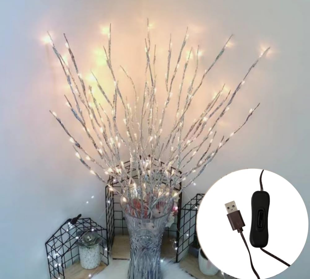 Ulalaza 77cm 6 Branches 120 LED Bulbs Twig Lamp USB Operated LED Lighted Willow Branches Vase Fillers Use for Christmas Home Party Decoration Indoor Outdoor