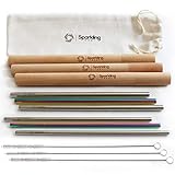 Reusable Straws with Case by Sparkling Spot - Eco friendly, Stainless Steel - Ideal for travel - Set includes 6x 8.5-inch Metal Straw (smoothie and cocktail), 3x Wooden Case, 3x Brush, 1x Pouch