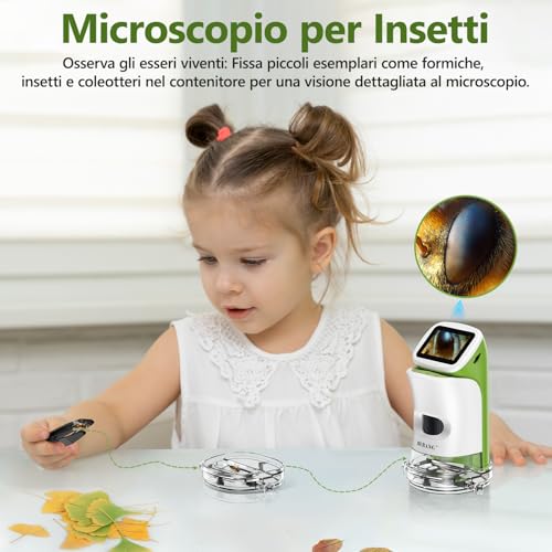 Children's Microscope 6-12 Years Digital Portable with Stand and 4K 2 Inch Screen, 1000 x Scientific Kit Christmas and Birthday Gift for Boys and Girls