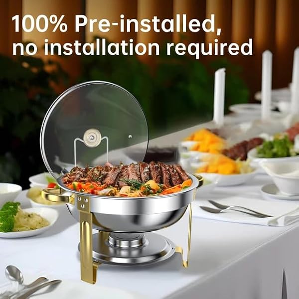 GGIU CHAFING DISHES FOR BUFFET SET: 100% PRE-INSTALLED CHAFERS FOR CATERING – ROUND CHAFING DISH BUFFET SET WITH LIDS | CHAFERS AND BUFFET WARMERS SETS | SERVING FOOD WARMER | CHAFERS SERVERS SETS