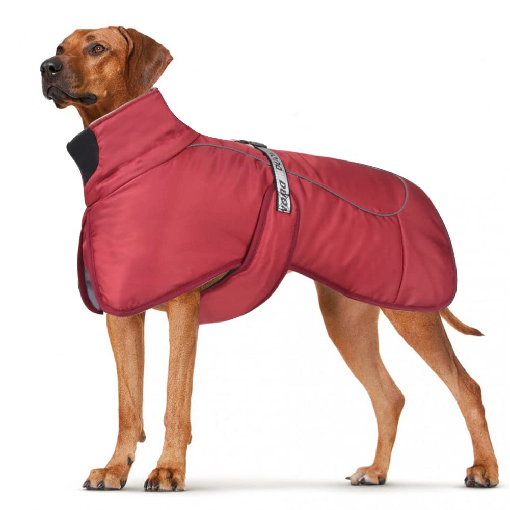 DoggieKit Dog Coats WaterProof Windproof Warm Winter Safe Threaded Reflective Strips Jacket for Medium Large Dogs with Harness Hole Puppy Pet Cold Weather Outfit Clothes Vest (Red, 2XL)