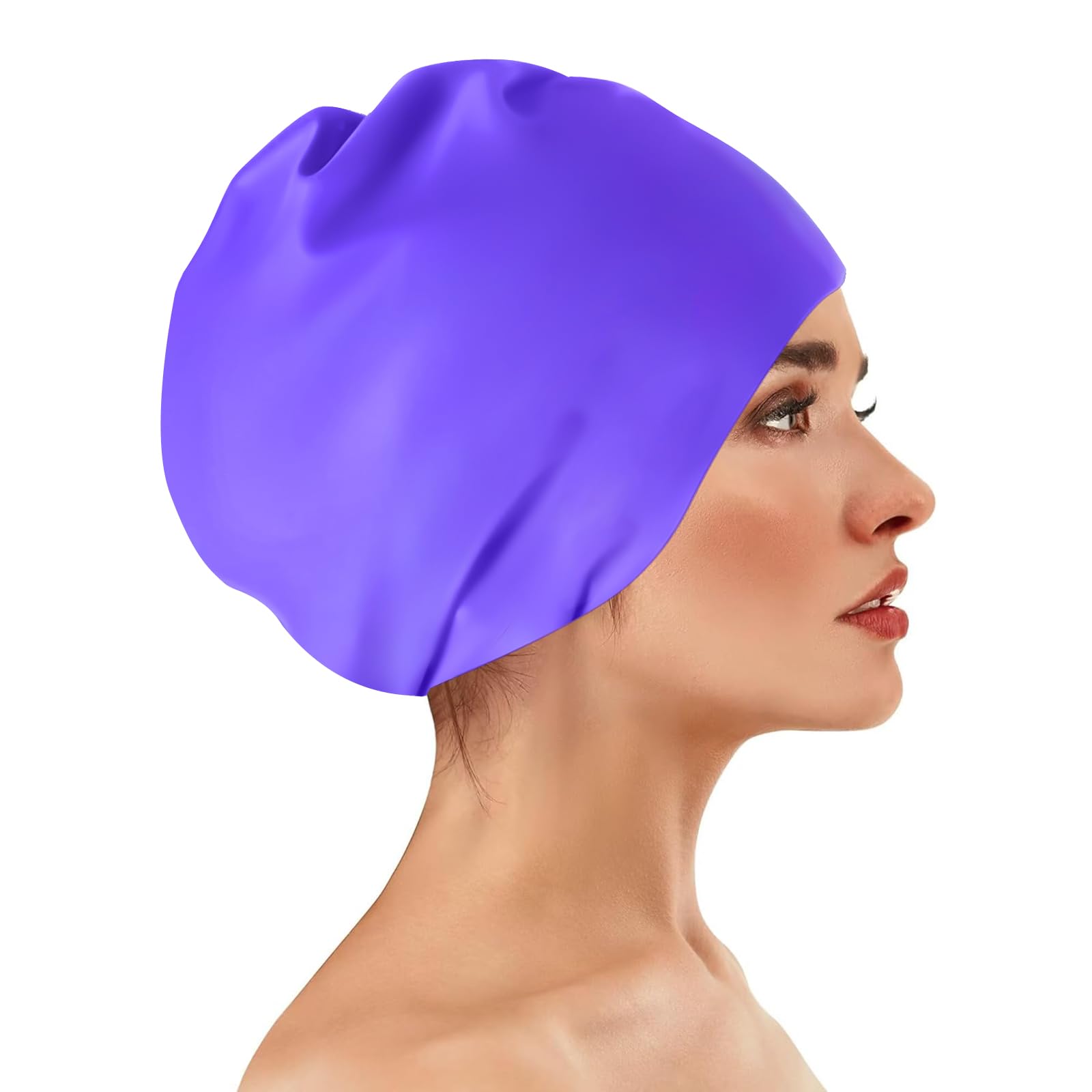 Oversized Swimming Cap - English Long Bag, Adult Black Women's Swimming Cap for Braids and Fear Long Braids,Extra Large Silicone Swimming Cap (Purple)