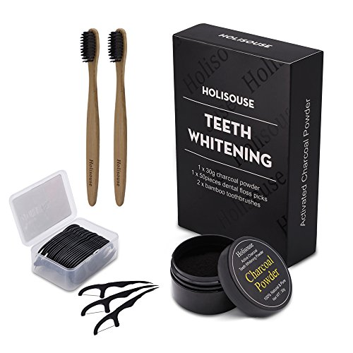 Holisouse Activated Charcoal Teeth Whitening Powder Natural Organic Tooth Whitener Stain Remover for Bad Breath, Coffee Tea Stains, Oral Germs with 2 Bamboo Toothbrushes and 50 Dental Floss Picks