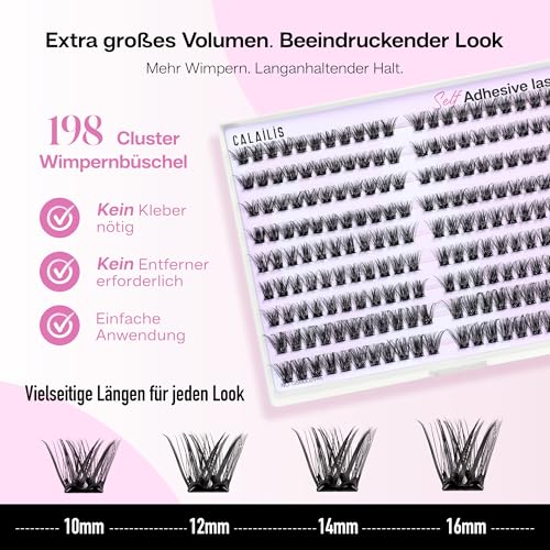 CALAILIS Self-Adhesive Eyelash Extensions, 198 Pieces, D Curl Wispy Eyelashes, Self-Adhesive, Press On Lashes, No Glue Needed, Pre Glue Eyelashes with Tweezers (A14)