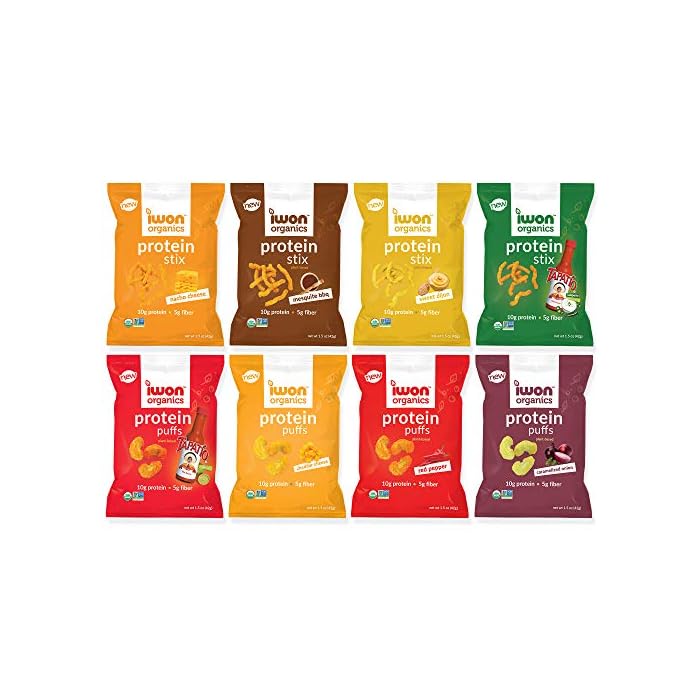 IWON Organics, Variety Pack of 8 Tasty Snacks, Protein Puffs and Snack Stix, High Protein and Organic Healthy Snacks, 8…