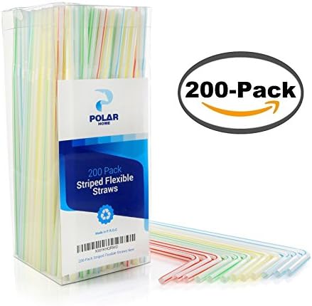 Flexible Striped Straws - BPA-Free, Plastic Straw Pack - 8-1/4 Inches Long Assorted Colors - 200-Pack (Flexible)