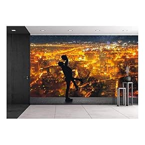 Silhouette of Asian Couple, Man Hold His Girlfriend Up Above The City in Night Under Stars. - Removable Wall Mural | Self-Adhesive Large Wallpaper - 66x96 inches