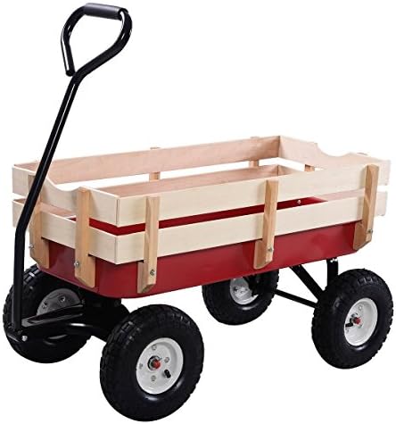 Outdoor Wagon ALL Terrain Pulling Children Kid Garden Cart w/ Wood Railing Red